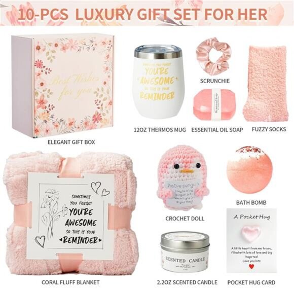 Self Care Gift Basket for Women, Luxury Spa Gift Basket with Blanket, Vanilla - Picture 2 of 7